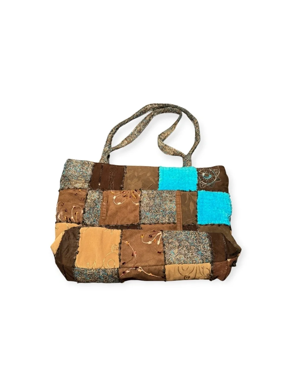 Large Patchwork Tote bag Brown and Blue Y2K RETRO handmade aesthetic GC Quilted